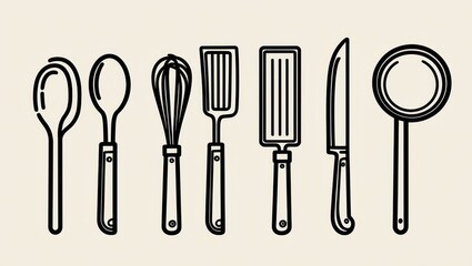Collection of Kitchen Utensils Spoons Whisk Spatula Knife and Skillet Line Art Illustration