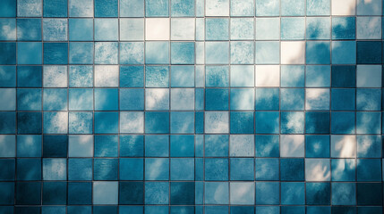 Fototapeta premium wide-angle teal blue handmade tile effect photography backdrop, A grid of blue, reflective squares creates a mesmerizing, 