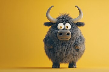 Adorable cartoon yak with fluffy black fur and large horns standing on a beige background