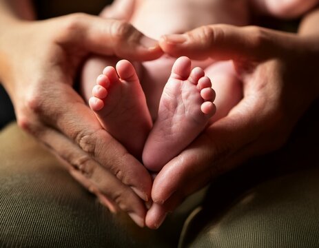 petits pieds de b&eacute;b&eacute; dans les mains de sa maman en forme de coeur en ia