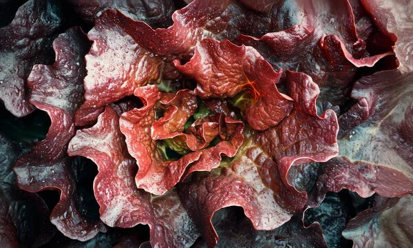 Red leaf lettuce Close up view. Generative AI.