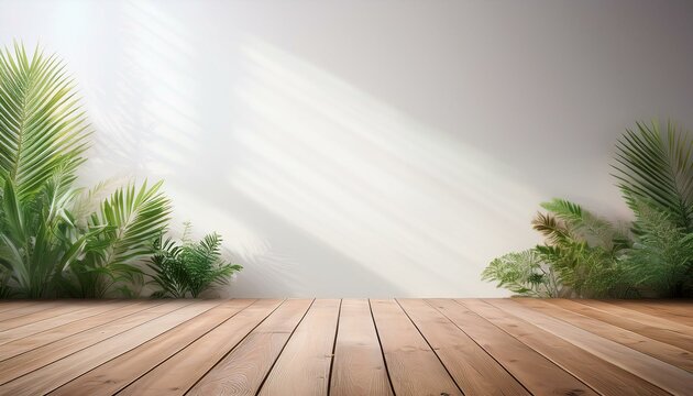 sol en parquet et fond de couleur clair en ia, fond photo lumi&egrave;re et plantes en pot background 