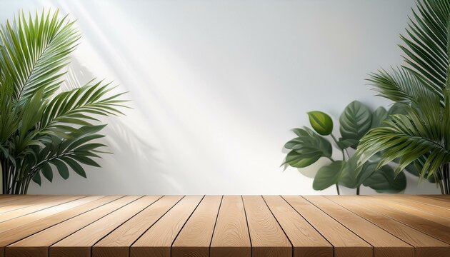 sol en parquet et fond de couleur clair en ia, fond photo lumi&egrave;re et plantes en pot background 