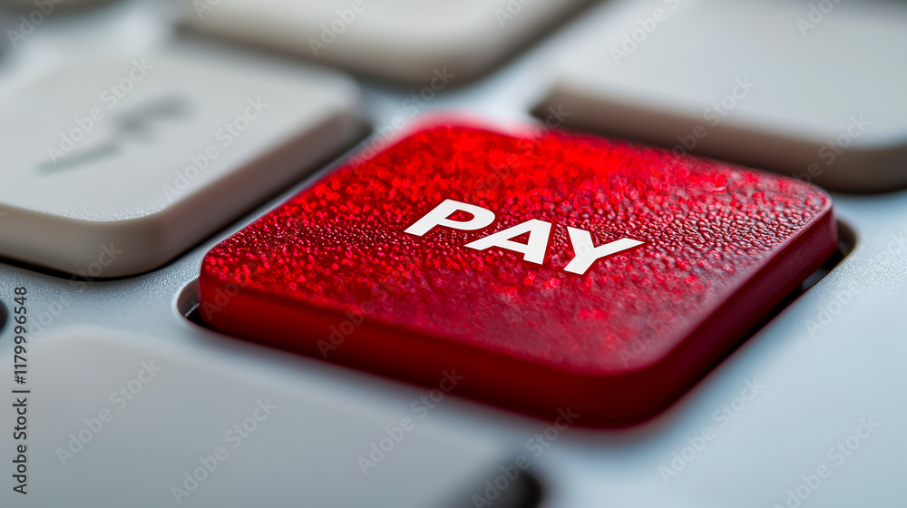 Poster Red pay button on keyboard symbolizes online payment process in a digital transaction setting