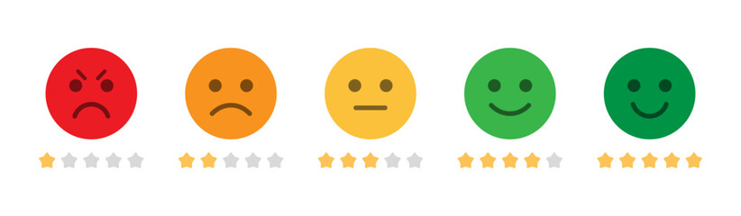 Fototapeta premium Rating emoji with star rating good to bad customer feedback indicator vector image. Five-star rating emoji icon set. Emoji feedback scale with stars line. Rating emoji vector collection.