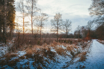 A field with snow in Mölledammarna in Billesholm, Sweden.