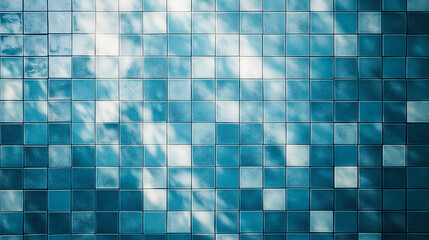 Fototapeta premium wide-angle teal blue handmade tile effect photography backdrop, A grid of blue, reflective squares creates a mesmerizing, 