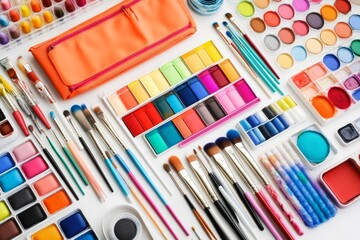 Naklejka premium Creative background featuring art supplies on a white backdrop