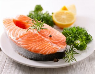 darne de saumon fraiche dans une assiette pour recette saine et healty en ia