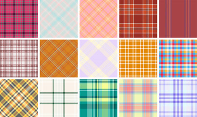 Geometric plaid patterns for fabric and textiles, featuring classic checks and stripes for shirts, clothes, or trendy backgrounds.