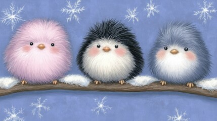 Fluffy birds on branch in winter scene. Possible use Greeting card.