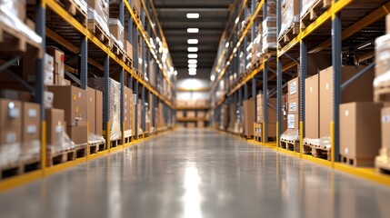 Fototapeta premium A wide-angle view of a warehouse aisle lined with stacked boxes on shelves, showcasing an organized storage space.