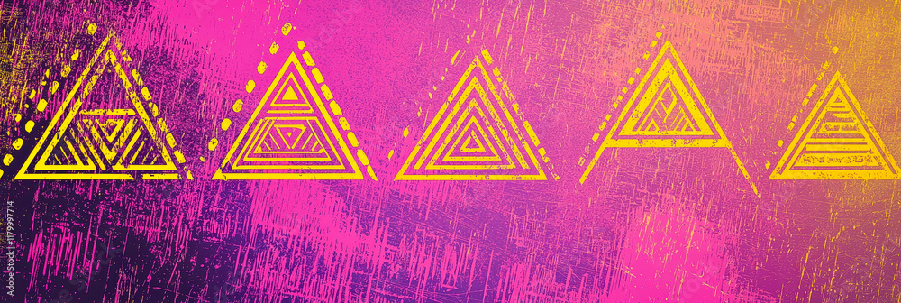 Poster Vivid triangular patterns in yellow are arranged sequentially on a bright purple and orange background, showcasing intricate line work and designs