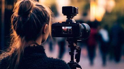 A woman with a camera on a tripod recording a video in the city