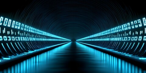 A futuristic tunnel illuminated by glowing blue lights, creating a high-tech, digital atmosphere. Concept Futuristic Design, Glowing Blue Lights, High-Tech Atmosphere, Digital Aesthetics