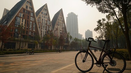 Fototapeta premium Urban Landscape with Modern Architecture, Scenic Pathway, and Bicycle in a Foggy City Setting Featuring Unique Triangular Building Designs