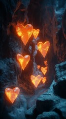 Fototapeta premium A surreal Valentine’s wallpaper featuring glowing heart-shaped crystals growing from a cave wall