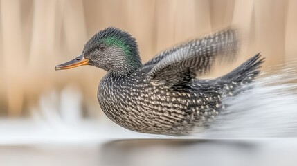 Flying duck in reeds.