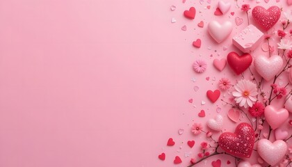 Obraz premium Romantic Valentine's Day Pink Background with Hearts and Flowers