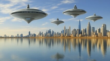 Flying saucers over futuristic city skyline reflecting on water.
