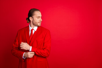 Photo portrait of handsome young guy hands fix elegant luxury cufflinks dressed stylish classic...