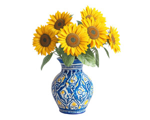 Fototapeta premium Vibrant sunflowers in a decorative blue vase, isolated on a white background.