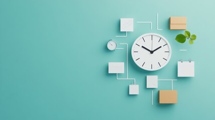 Modern Clock Arrangement on a Teal Background Illustrating Time Management, Scheduling, and Productivity with Various Shapes and Green Plant Element