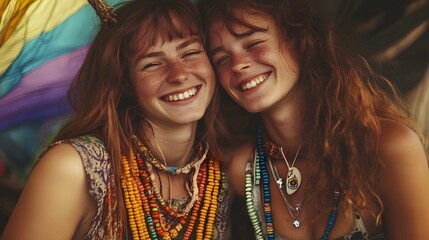 Fototapeta premium Twin sisters joyfully embrace near colorful fabric