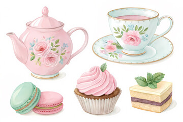 Pastel tea party stickers set with watercolor dessert designs for scrapbooking and crafts.