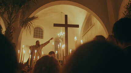 Renaissance arches framing scene, noble families finding peace, monk raising crucifix, lovers eternally embracing