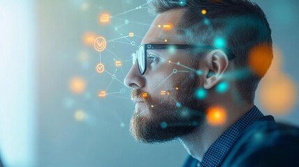 Thoughtful Professional Analyzing Data Connections, Digital Networks, and Technology Innovations in a Modern Workspace with Overlay Effects of Virtual Elements