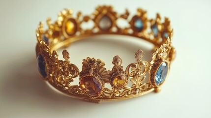 Ornate gold crown adorned with colorful gemstones, displayed on a white background.