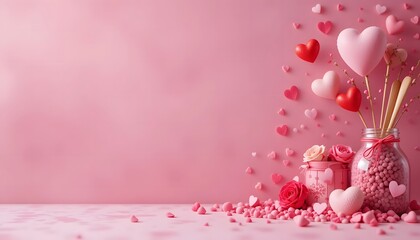 Romantic Valentine's Day Decoration with Pink and Red Hearts, Flowers, and Candy