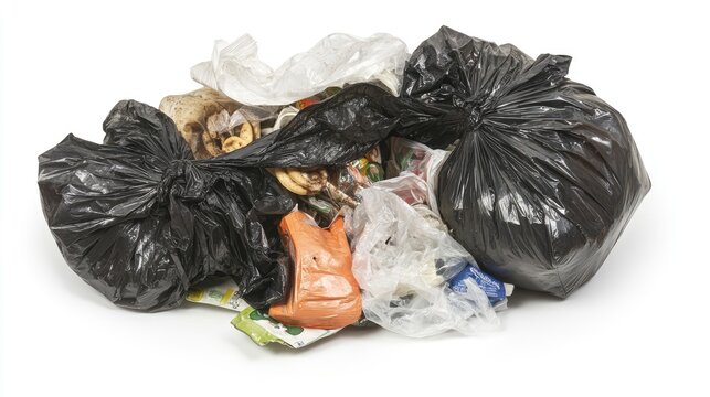 Two black garbage bags overflowing with various household waste, including plastic bags, wrappers, and other trash, on a white background.