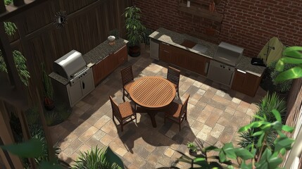 3D design and rendering of a backyard patio with outdoor kitchen, seating area, BBQ area, fire pit a