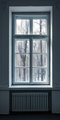 Fototapeta premium Tranquil View: White Window in a Cozy Home Looking out to Beautiful Scenery