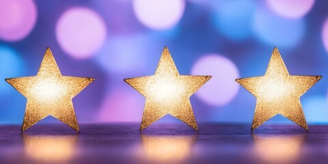 Three illuminated golden stars against a blurred purple and blue background, creating a festive and cheerful atmosphere. Concept Illuminated Golden Stars, Blurred Purple Background, Blue Accents