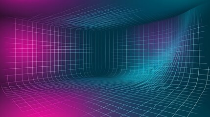 Fototapeta premium Abstract Gridded Room Digital Art Neon Hues