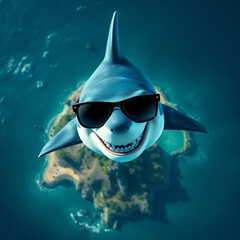 Smiling shark wearing sunglasses, aerial view of tropical island below.