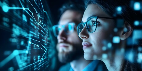 A close-up of a man and woman wearing glasses, focused on digital data and graphs projected in front of them. Concept Data Analysis, Focused Duo, Digital Visualization, Technological Interaction
