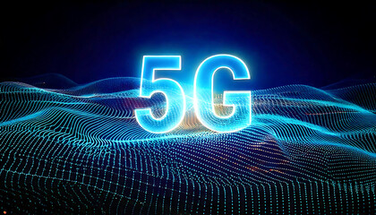Stunning 5G network visualization. Glowing blue 5G text on a dynamic, abstract particle wave background. Perfect for technology, telecommunications, and connectivity concepts.