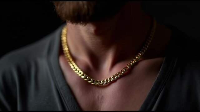 Closeup of man neck wearing gold necklace with chain, luxury jewelry accessory for men