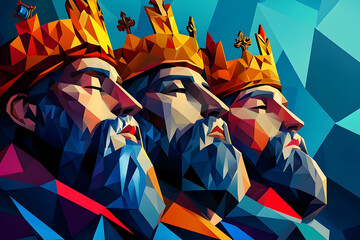 Three men are depicted in a painting, each wearing a crown.