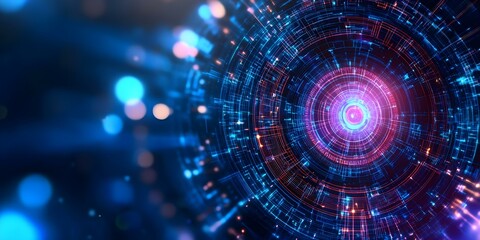 Obraz premium A digital abstract pattern featuring concentric circles with glowing lines and light effects, conveying a futuristic theme. Concept Digital Abstract Art, Concentric Circles, Glowing Lines