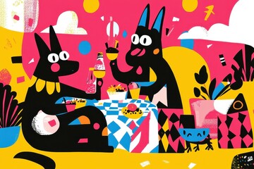 Two stylized dogs enjoy a colorful outdoor meal