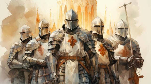 squad of crusaders watercolor,.Generative AI