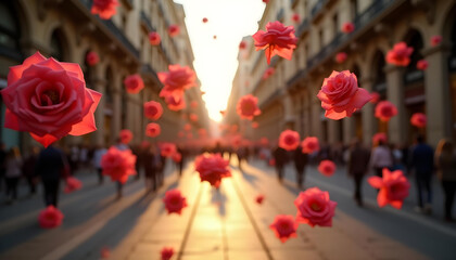 Obraz premium Calle de ciudad con flores rojas y rosas flotando en el aire. Imagen romántica y bucólica