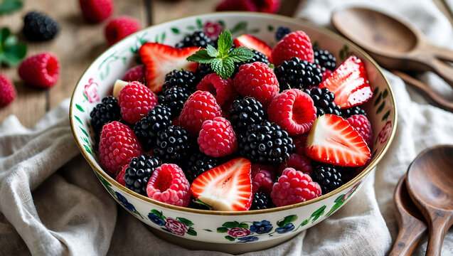 Vibrant fruit salad with raspberries, blackberries, and strawberries in a ceramic bowl 