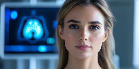 Obraz premium A young woman with soft features stands in front of a medical imaging display showing a lung scan. Concept Young Woman, Medical Imaging, Lung Scan, Health Awareness, Soft Features
