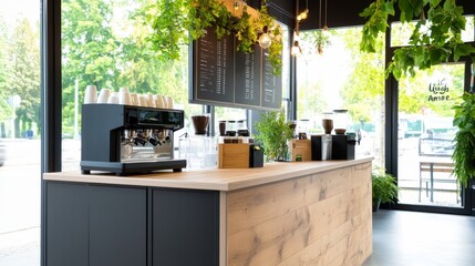 Modern Coffee Shop Interior with Stylish Bar, Lush Greenery, and Natural Light Creating a Cozy Atmosphere for Coffee Lovers and Visitors to Enjoy